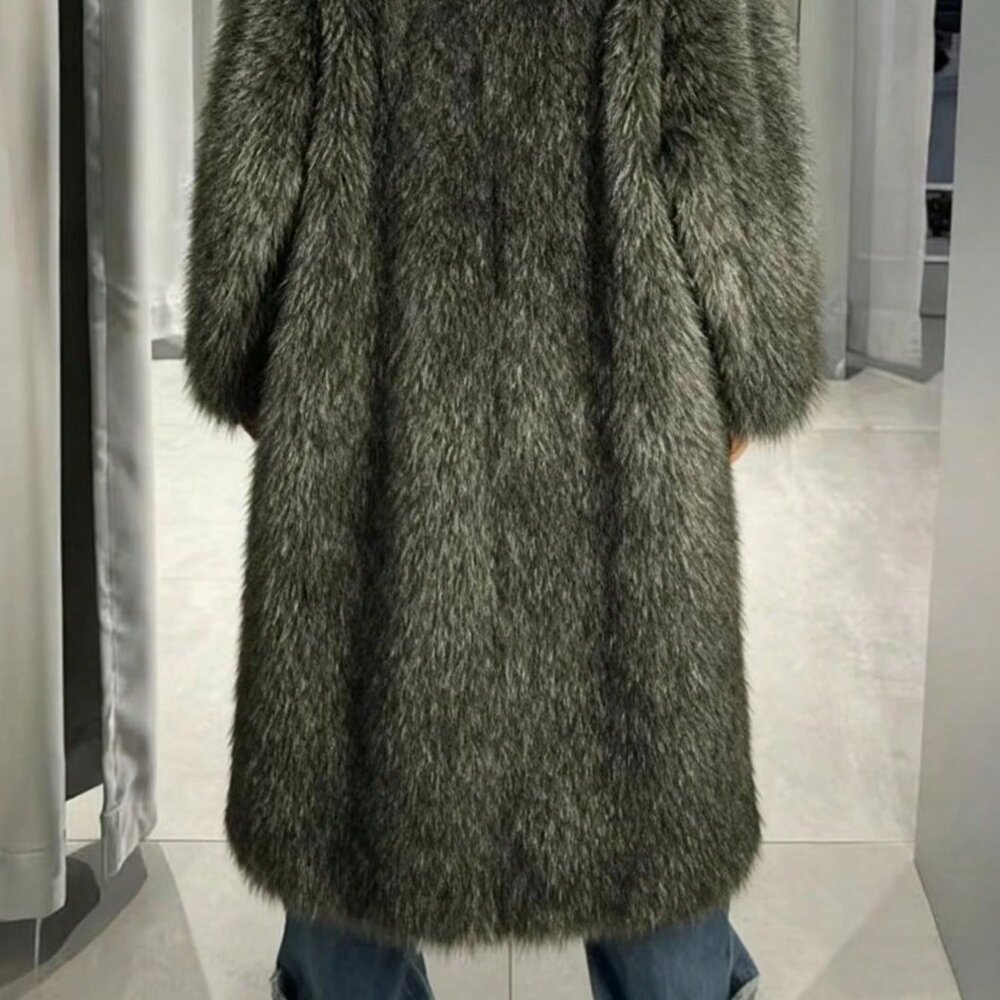 Green Casual Women's Dyed Tip Long Faux Fur Lapel Jacket - Picture 3 of 5